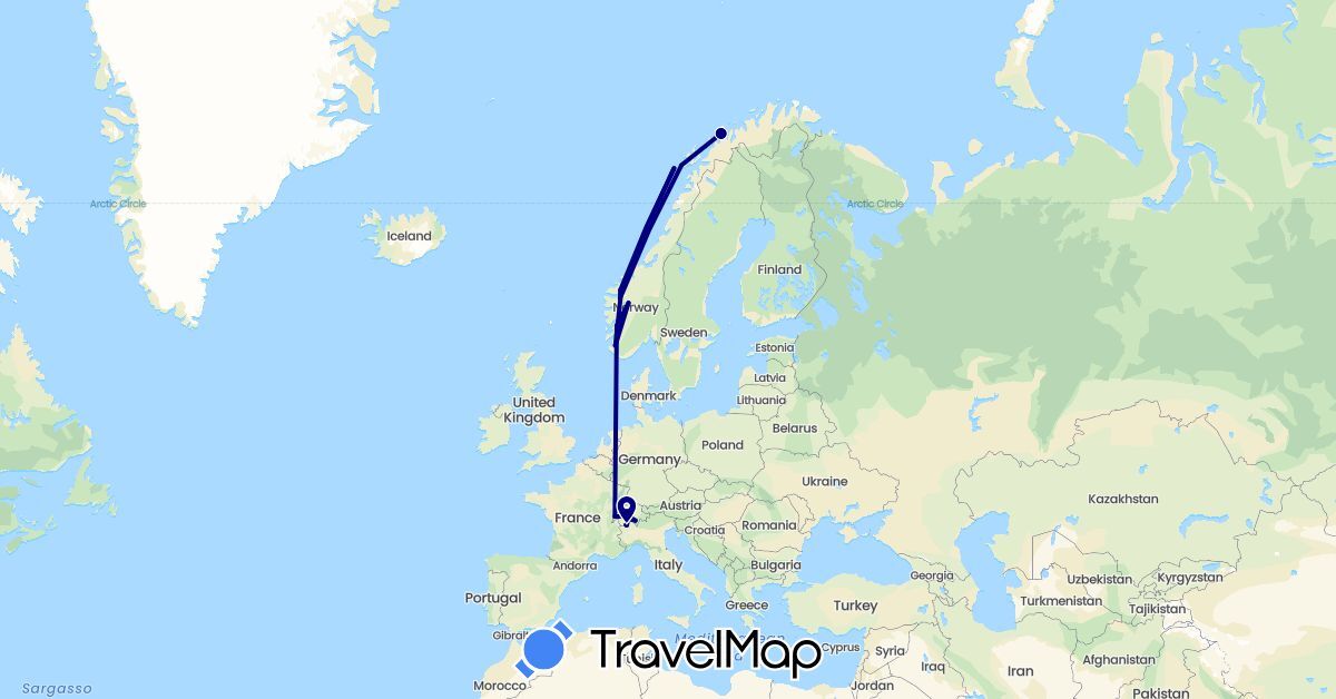 TravelMap itinerary: driving in Switzerland, Norway (Europe)